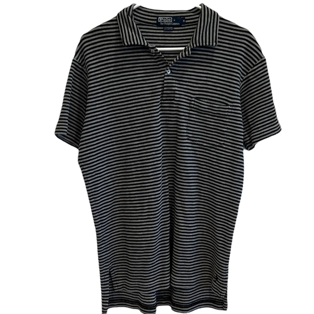 Mens Polo by Ralph Lauren front pocket black and gray stripe polo shirt